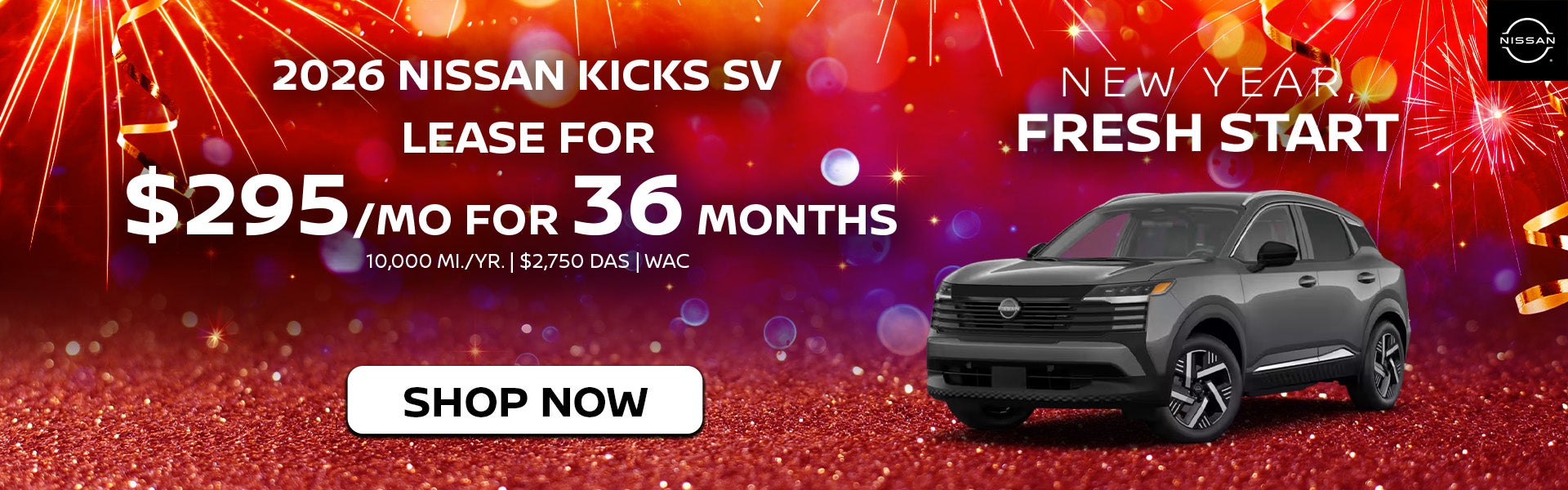 Lease 2026 Nissan Kicks SV for $295/mo for 36 months