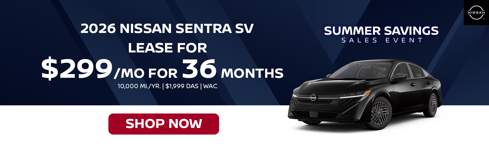 2026 Nissan Sentra SV Lease for $299/month for 36 Months