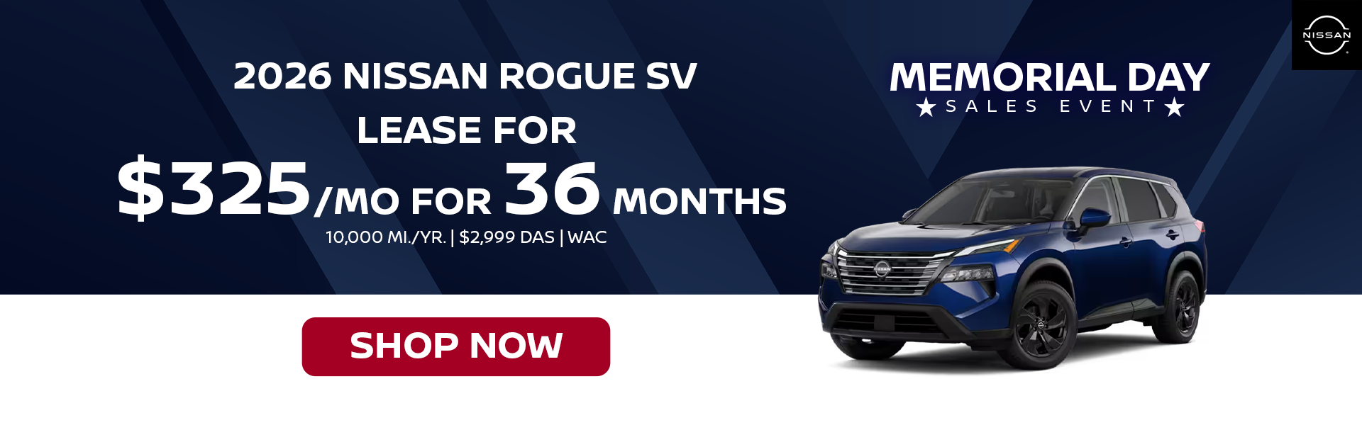 2026 Nissan Rogue SV Lease for $325/ Month for 36 Months 
