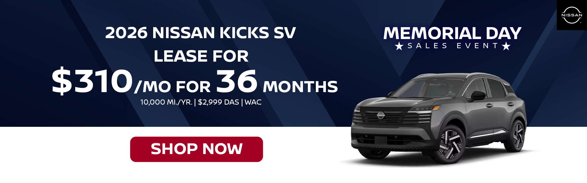 2026 Nissan Kicks SV Lease for $310/ Month 
